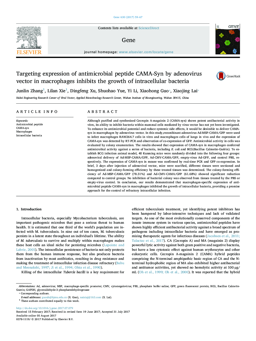 Targeting expression of antimicrobial peptide CAMA-Syn by adenovirus vector in macrophages inhibits the growth of intracellular bacteria