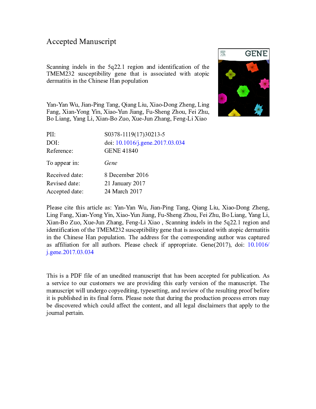 عکس صفحه اول مقاله: Scanning indels in the 5q22.1 region and identification of the TMEM232 susceptibility gene that is associated with atopic dermatitis in the Chinese Han population Scanning indels in the 5q22.1 region and identification of the TMEM232 susceptibility gene that is associated with atopic dermatitis in the Chinese Han population