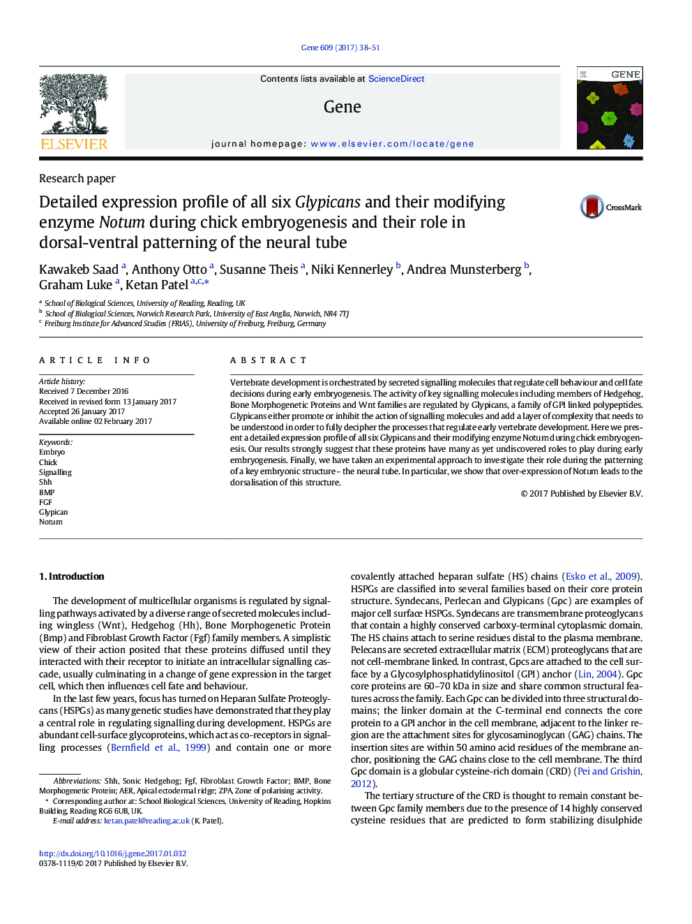 Detailed expression profile of all six Glypicans and their modifying enzyme Notum during chick embryogenesis and their role in dorsal-ventral patterning of the neural tube