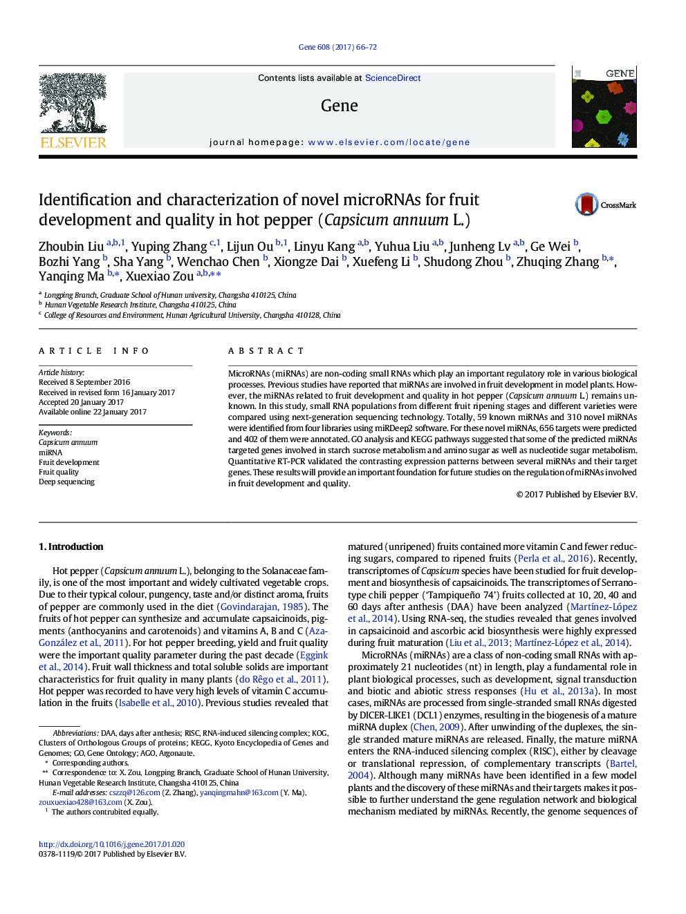 Identification and characterization of novel microRNAs for fruit development and quality in hot pepper (Capsicum annuum L.)