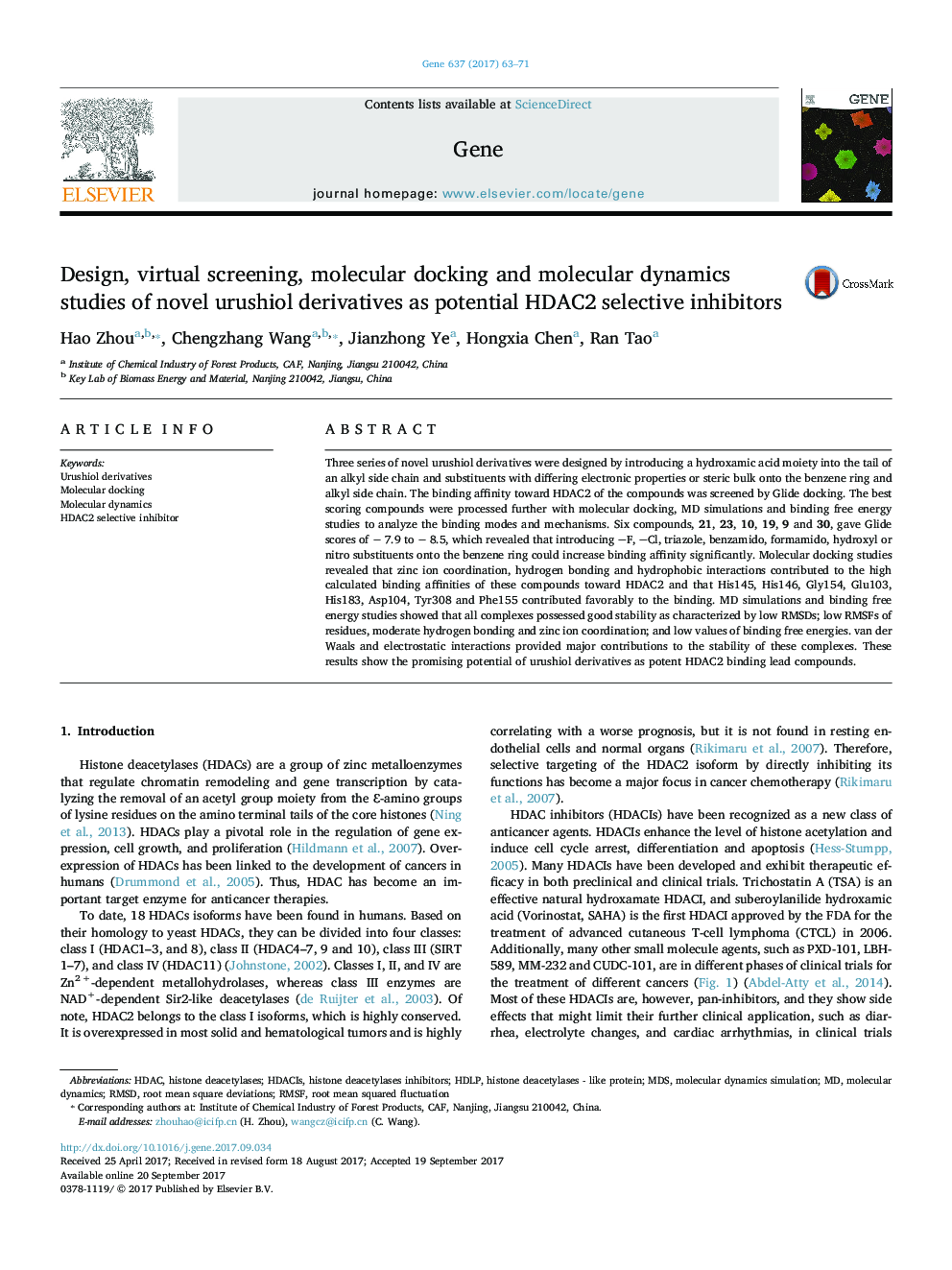 Design, virtual screening, molecular docking and molecular dynamics studies of novel urushiol derivatives as potential HDAC2 selective inhibitors