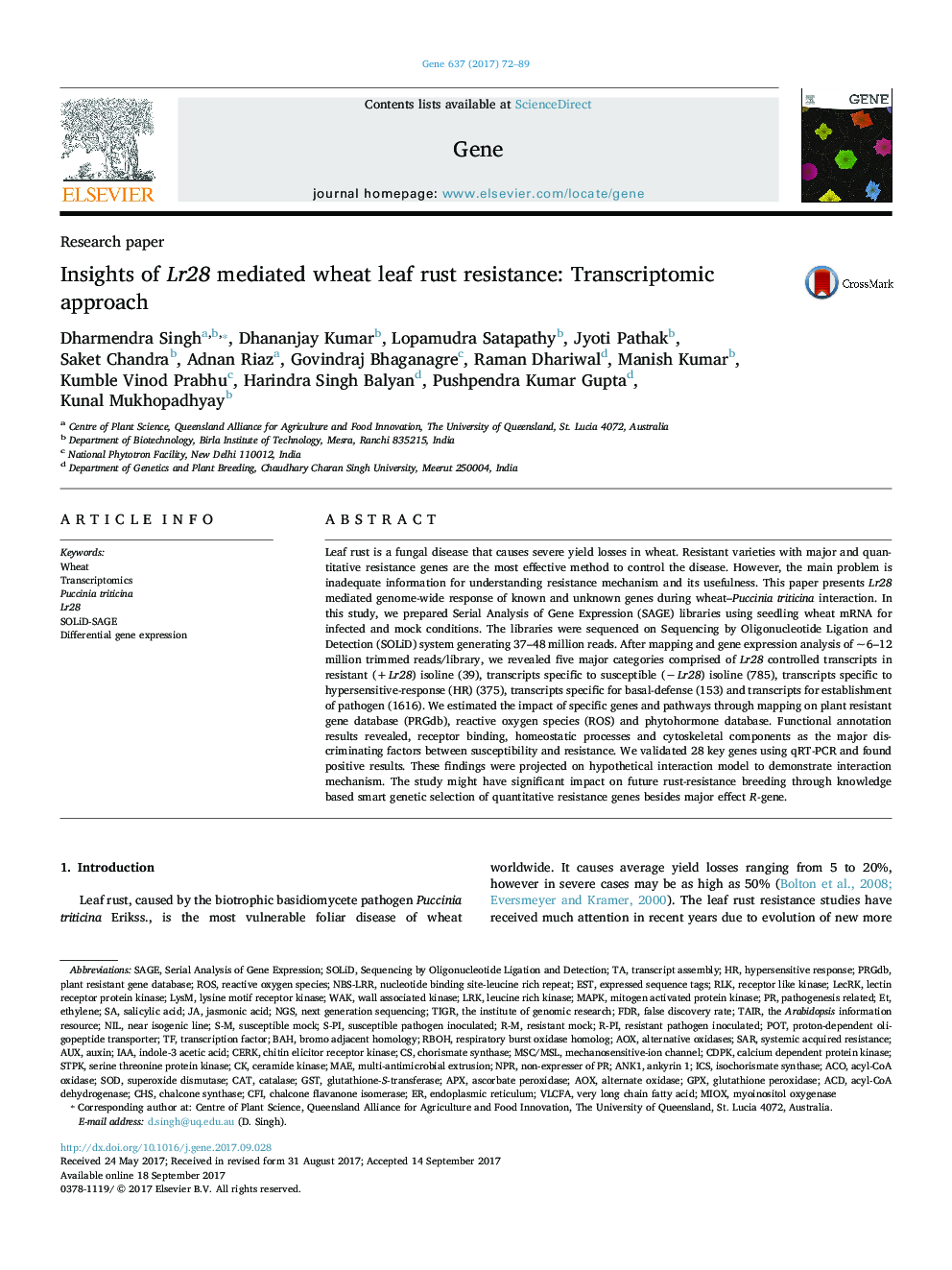 Insights of Lr28 mediated wheat leaf rust resistance: Transcriptomic approach
