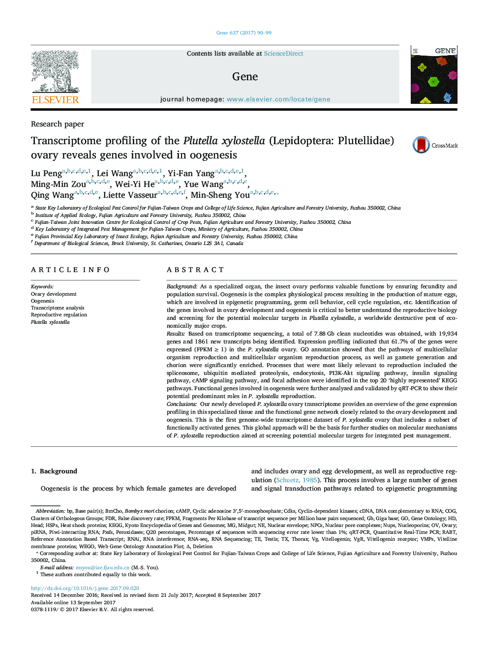 Transcriptome profiling of the Plutella xylostella (Lepidoptera: Plutellidae) ovary reveals genes involved in oogenesis