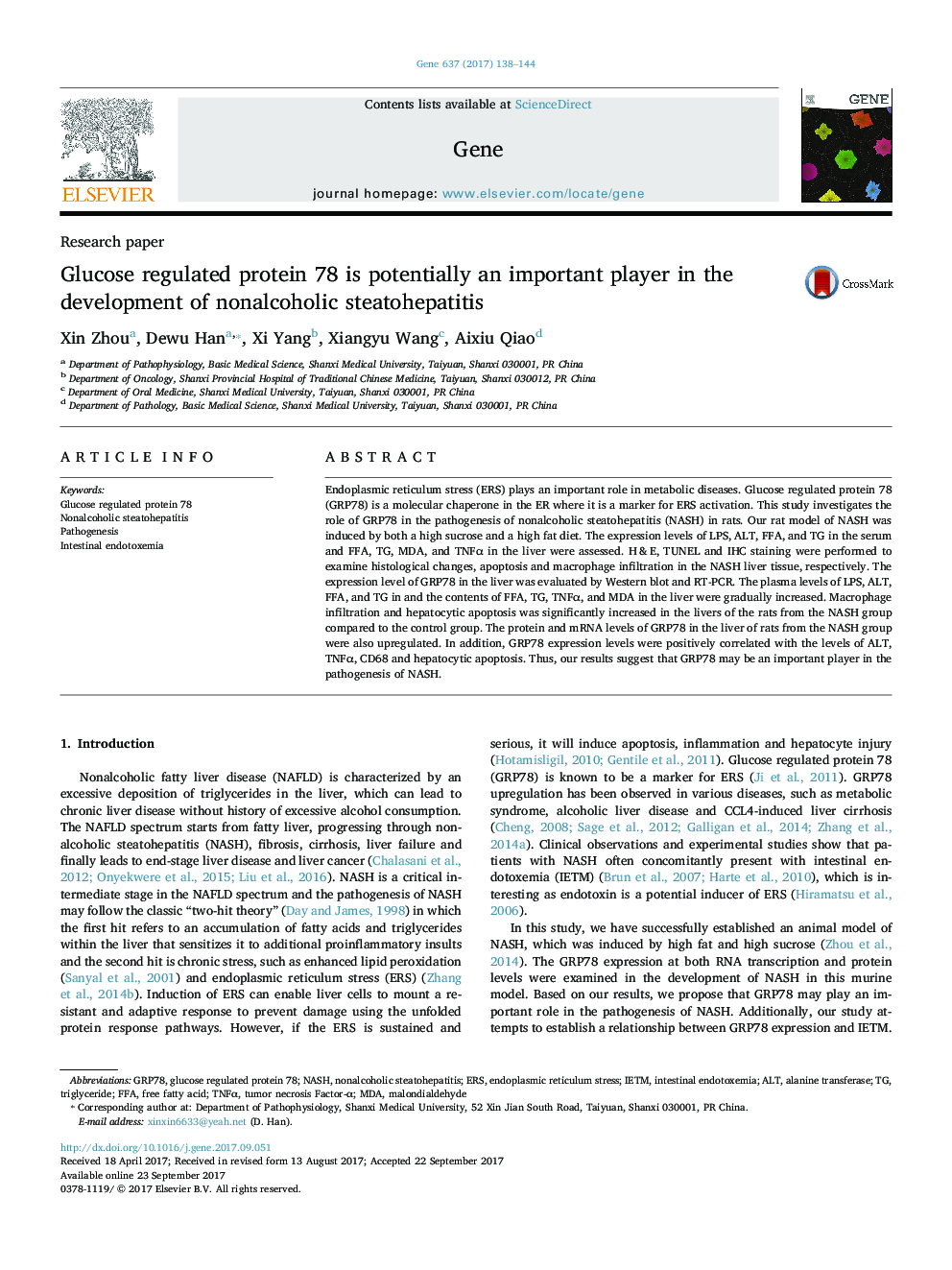 Research paperGlucose regulated protein 78 is potentially an important player in the development of nonalcoholic steatohepatitis