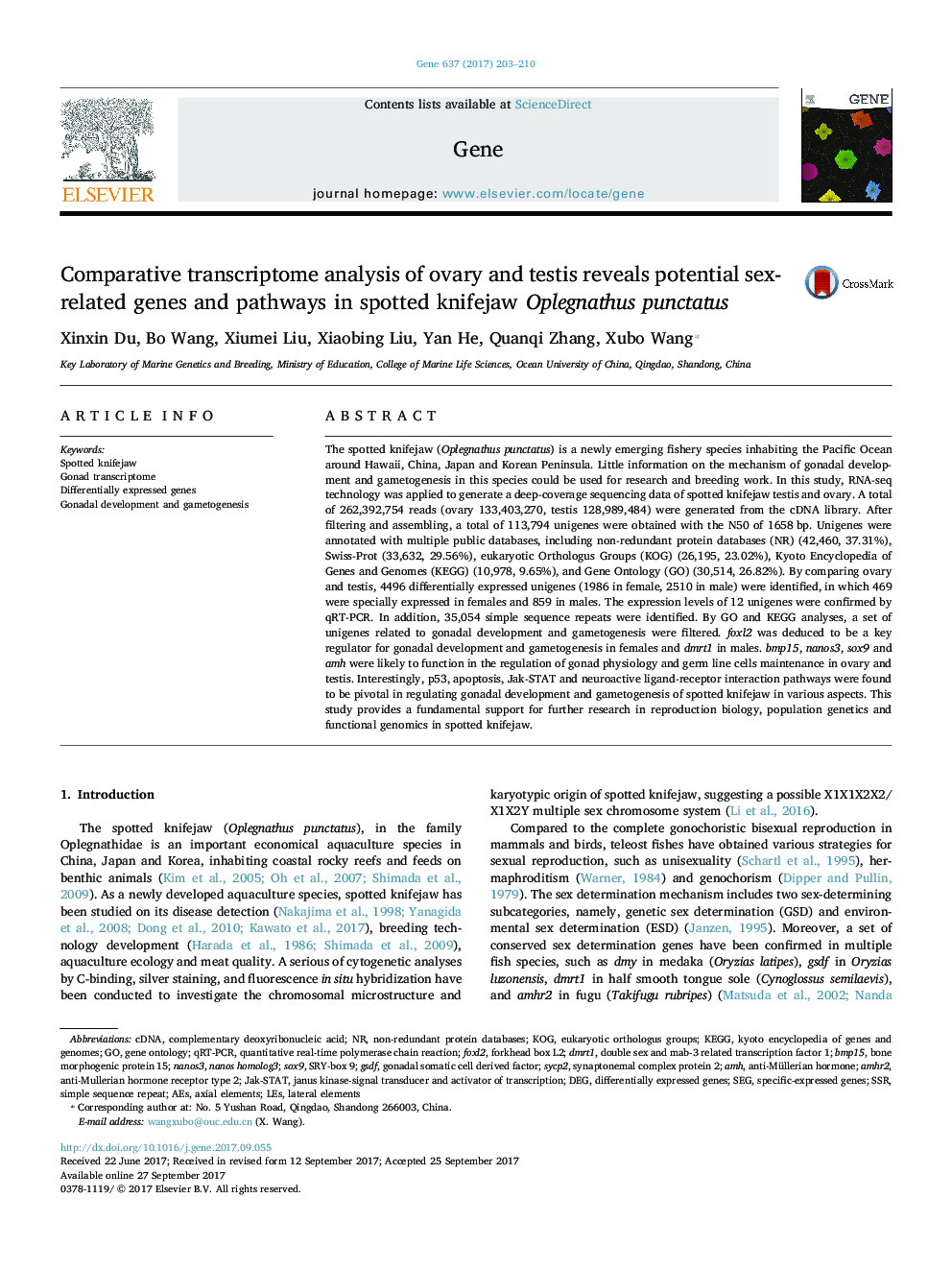 Comparative transcriptome analysis of ovary and testis reveals potential sex-related genes and pathways in spotted knifejaw Oplegnathus punctatus