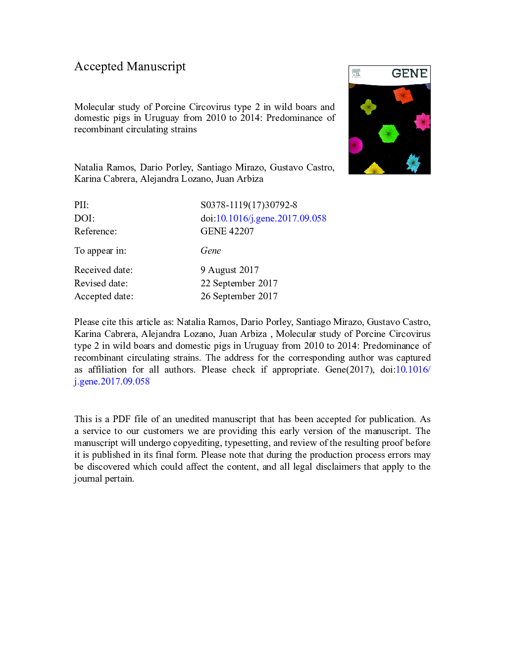 Molecular study of Porcine Circovirus type 2 in wild boars and domestic pigs in Uruguay from 2010 to 2014: Predominance of recombinant circulating strains