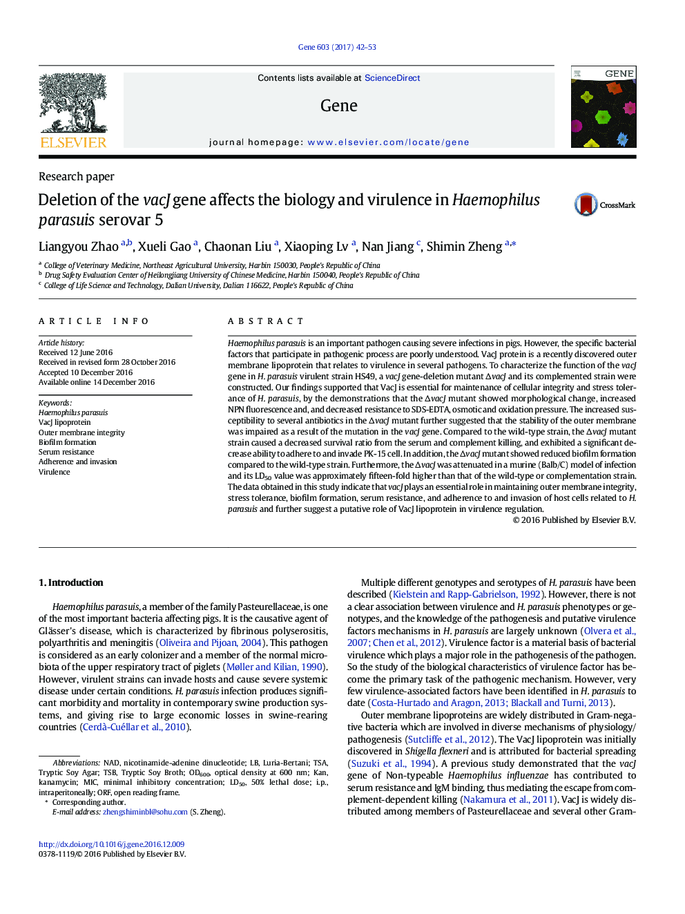 Research paperDeletion of the vacJ gene affects the biology and virulence in Haemophilus parasuis serovar 5