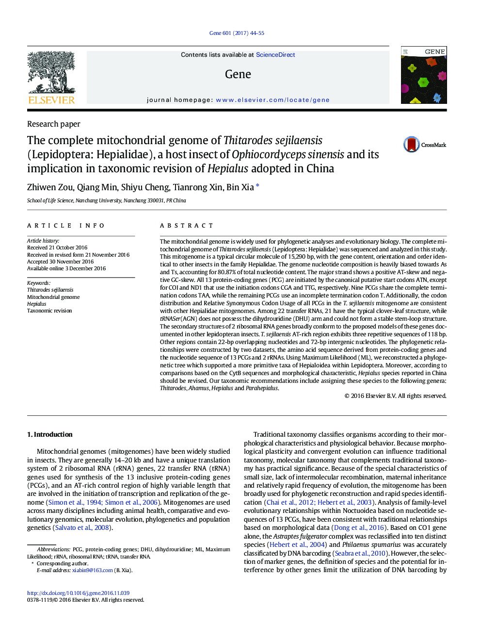 The complete mitochondrial genome of Thitarodes sejilaensis (Lepidoptera: Hepialidae), a host insect of Ophiocordyceps sinensis and its implication in taxonomic revision of Hepialus adopted in China
