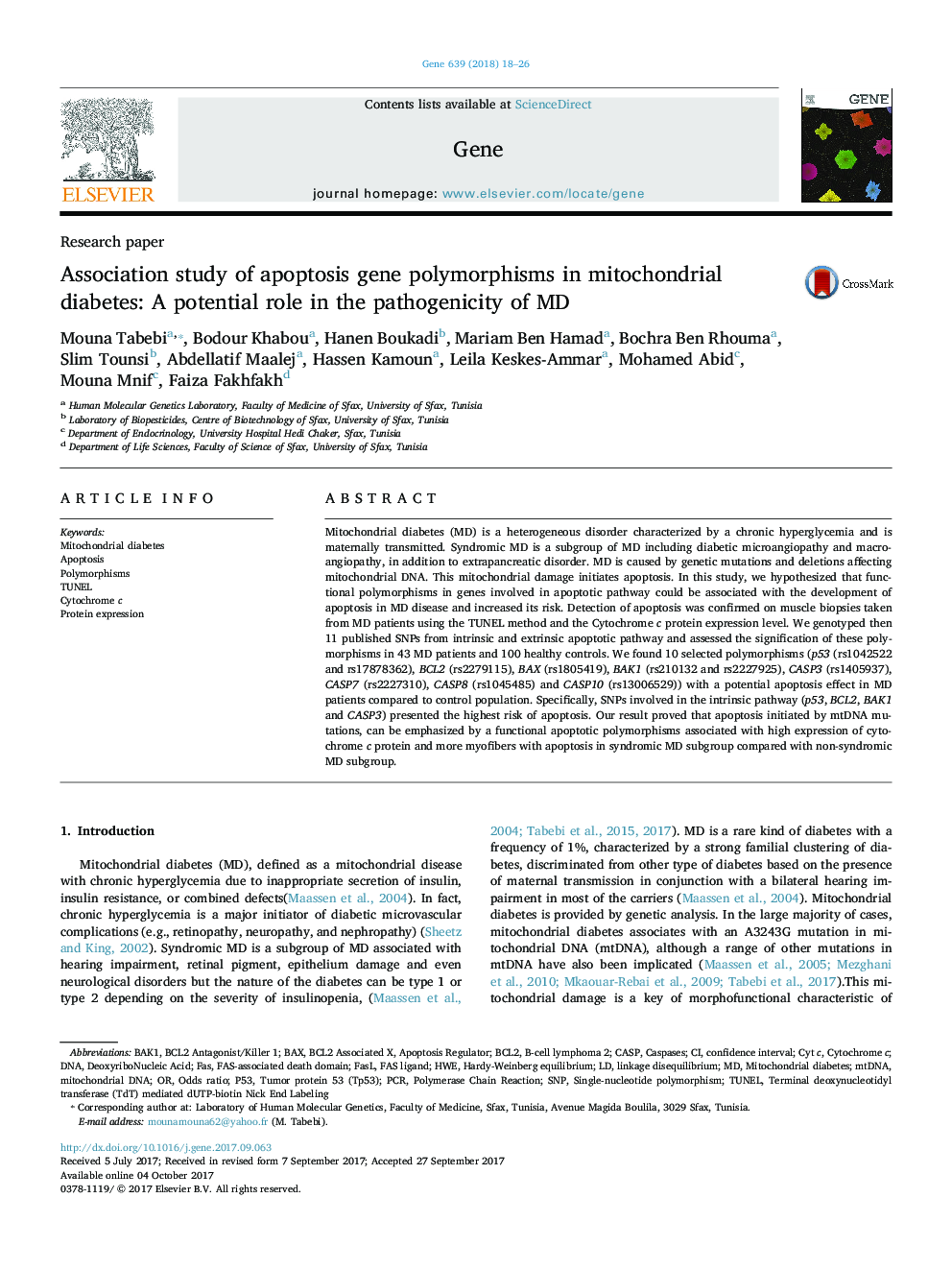 Association study of apoptosis gene polymorphisms in mitochondrial diabetes: A potential role in the pathogenicity of MD