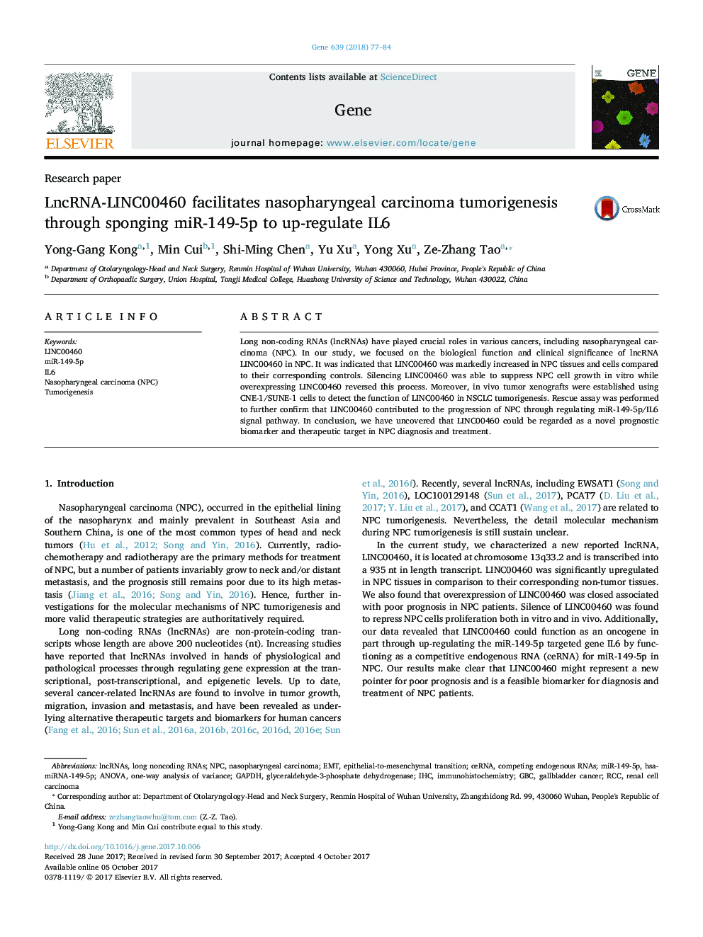 LncRNA-LINC00460 facilitates nasopharyngeal carcinoma tumorigenesis through sponging miR-149-5p to up-regulate IL6