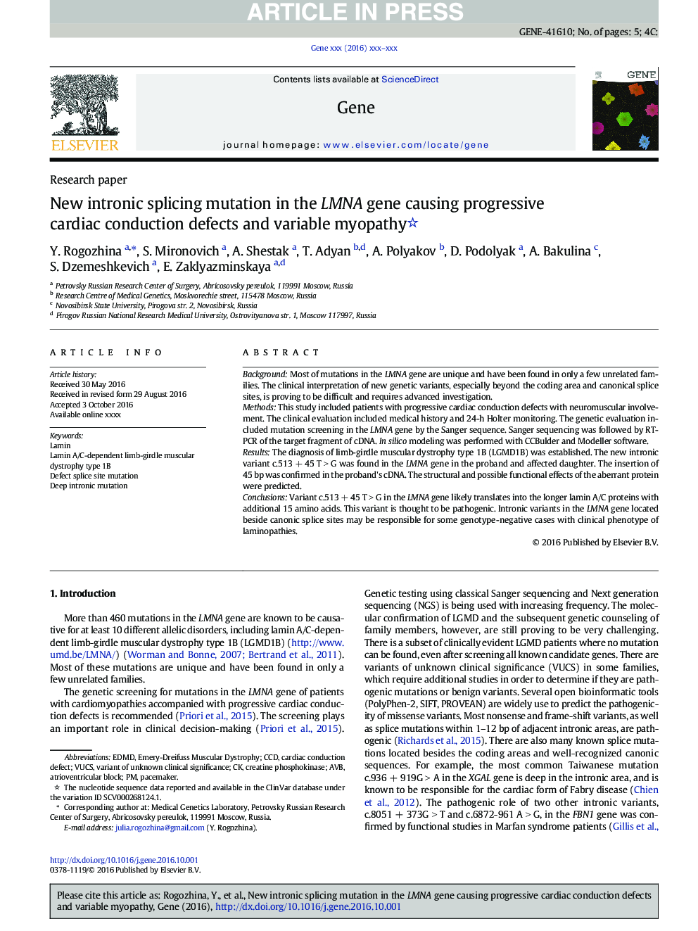 New intronic splicing mutation in the LMNA gene causing progressive cardiac conduction defects and variable myopathy