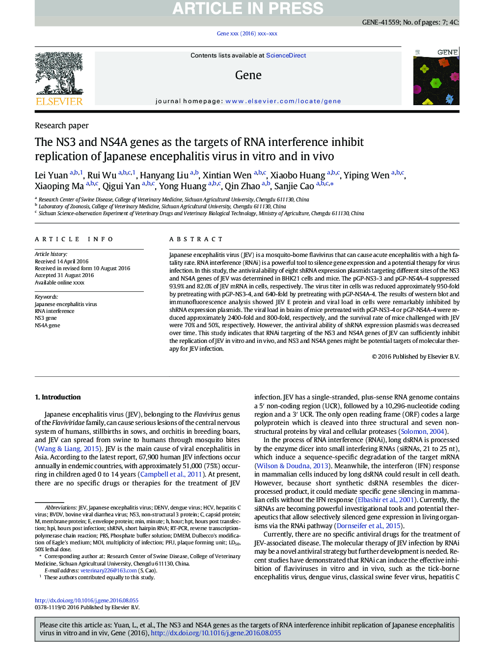 The NS3 and NS4A genes as the targets of RNA interference inhibit replication of Japanese encephalitis virus in vitro and in vivo