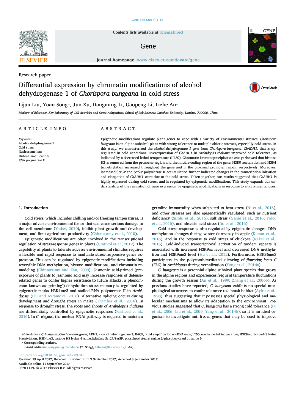 Differential expression by chromatin modifications of alcohol dehydrogenase 1 of Chorispora bungeana in cold stress