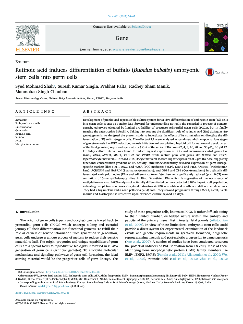 Retinoic acid induces differentiation of buffalo (Bubalus bubalis) embryonic stem cells into germ cells