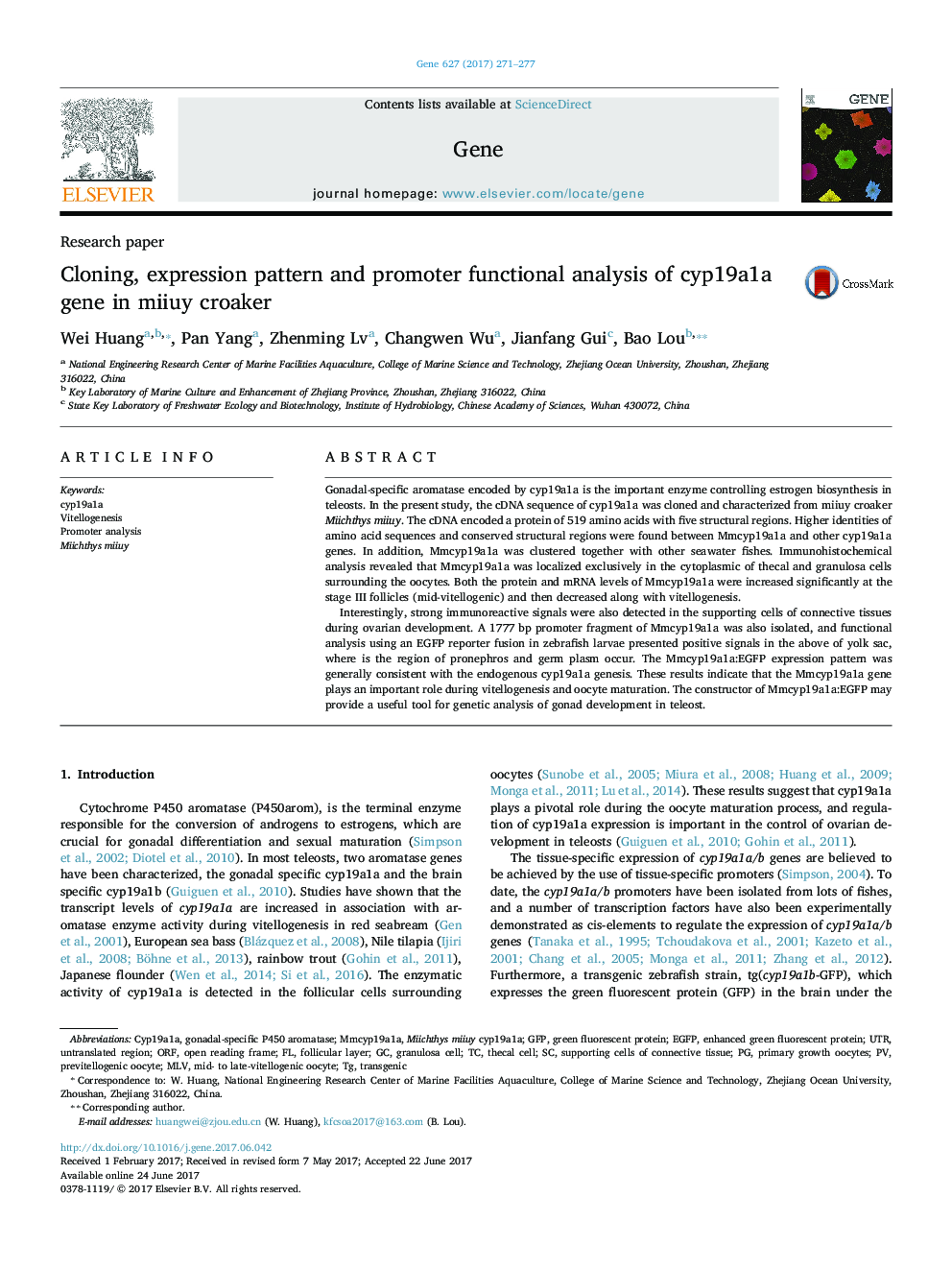 عکس صفحه اول مقاله: Cloning, expression pattern and promoter functional analysis of cyp19a1a gene in miiuy croaker Cloning, expression pattern and promoter functional analysis of cyp19a1a gene in miiuy croaker