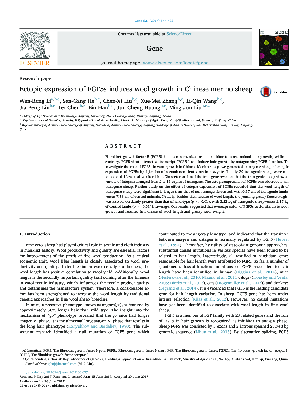 Ectopic expression of FGF5s induces wool growth in Chinese merino sheep