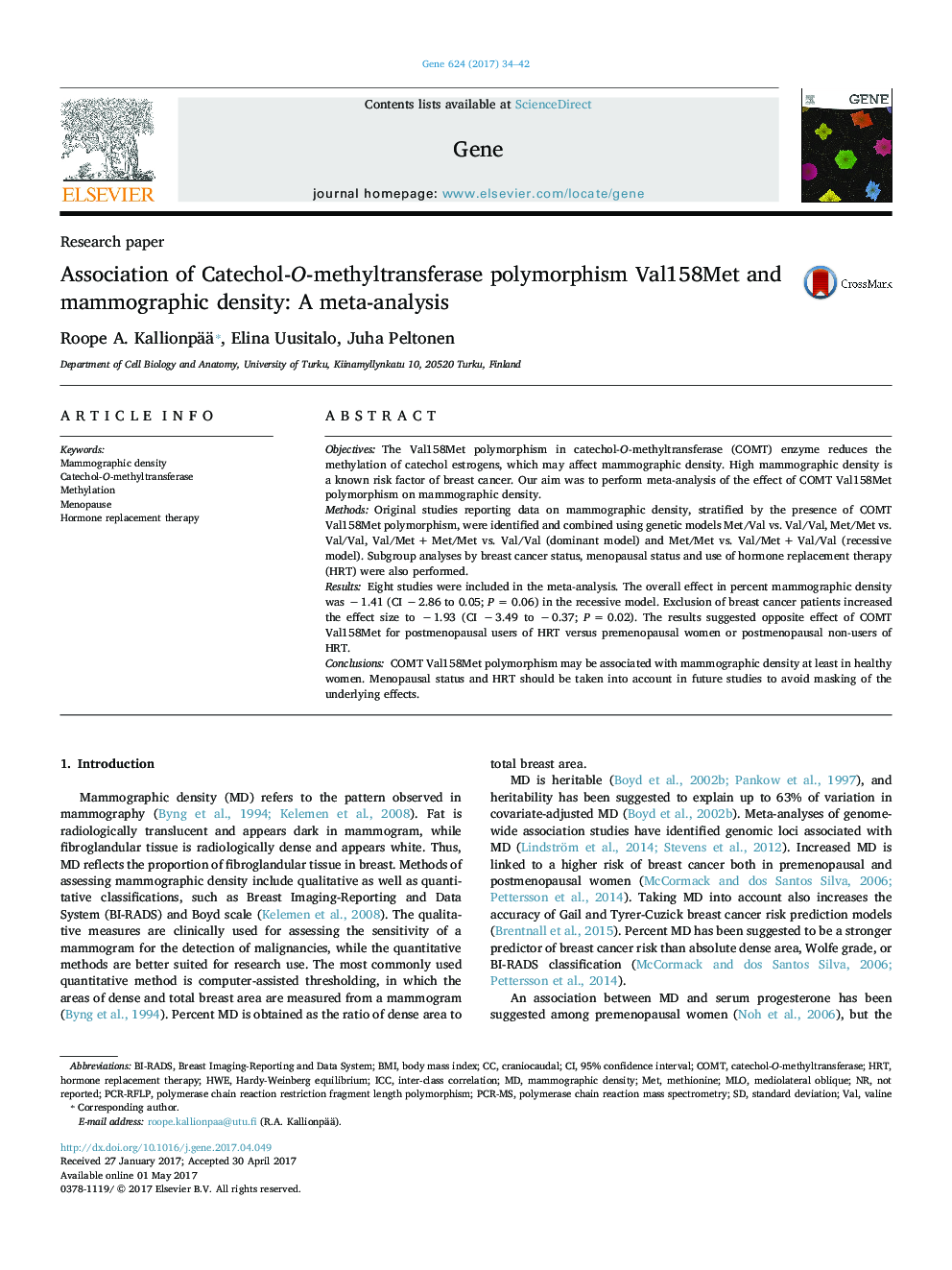 Association of Catechol-O-methyltransferase polymorphism Val158Met and mammographic density: A meta-analysis