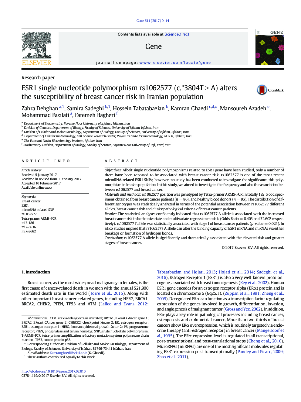 ESR1 single nucleotide polymorphism rs1062577 (c.*3804TÂ >Â A) alters the susceptibility of breast cancer risk in Iranian population