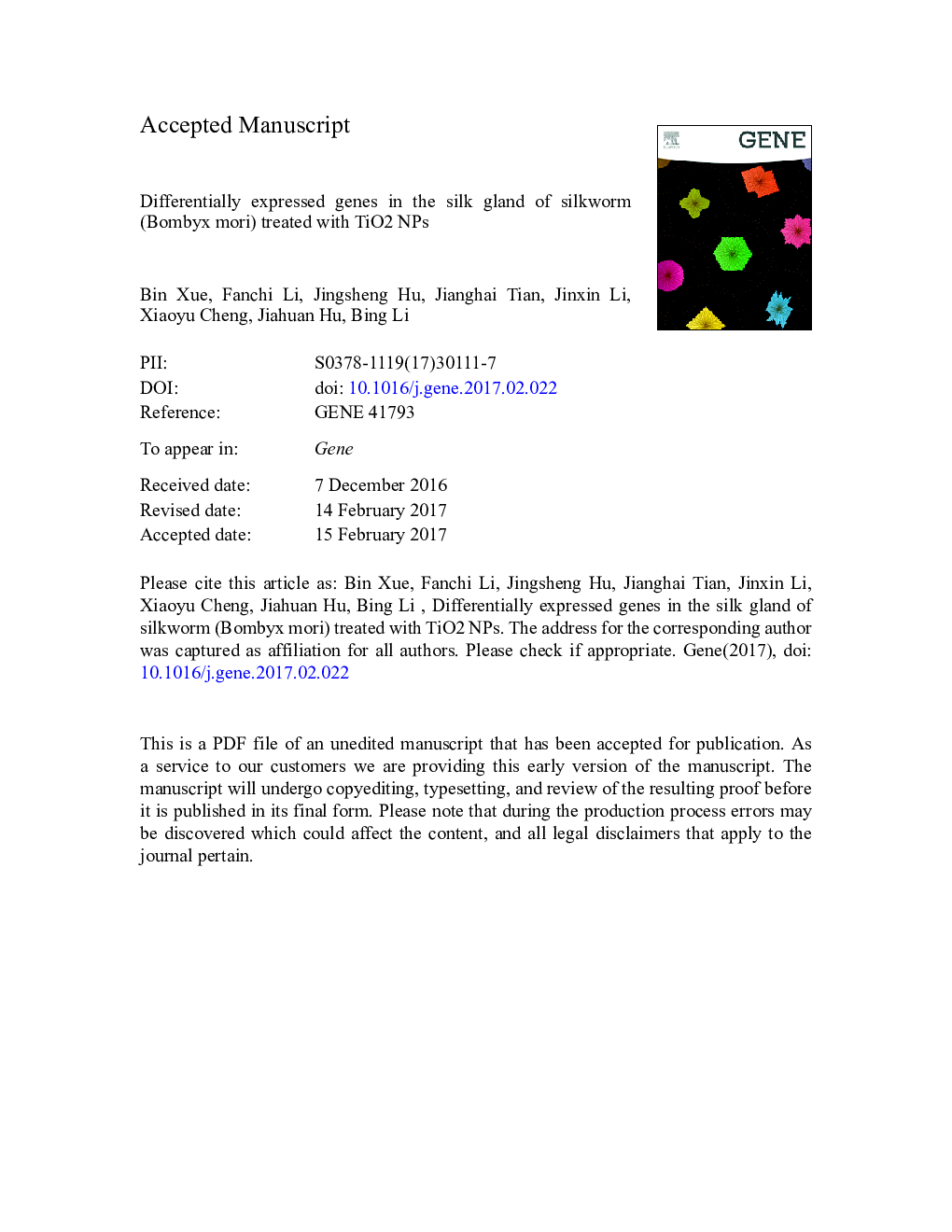 Differentially expressed genes in the silk gland of silkworm (Bombyx mori) treated with TiO2 NPs