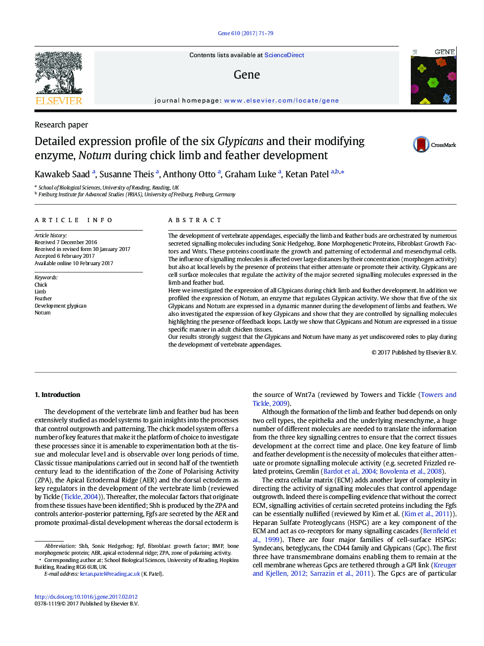 Detailed expression profile of the six Glypicans and their modifying enzyme, Notum during chick limb and feather development