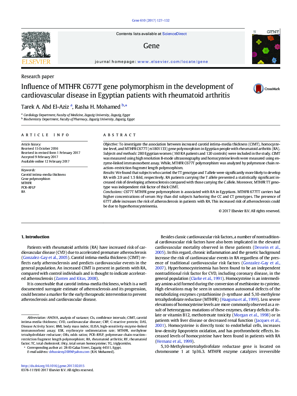 Influence of MTHFR C677T gene polymorphism in the development of cardiovascular disease in Egyptian patients with rheumatoid arthritis