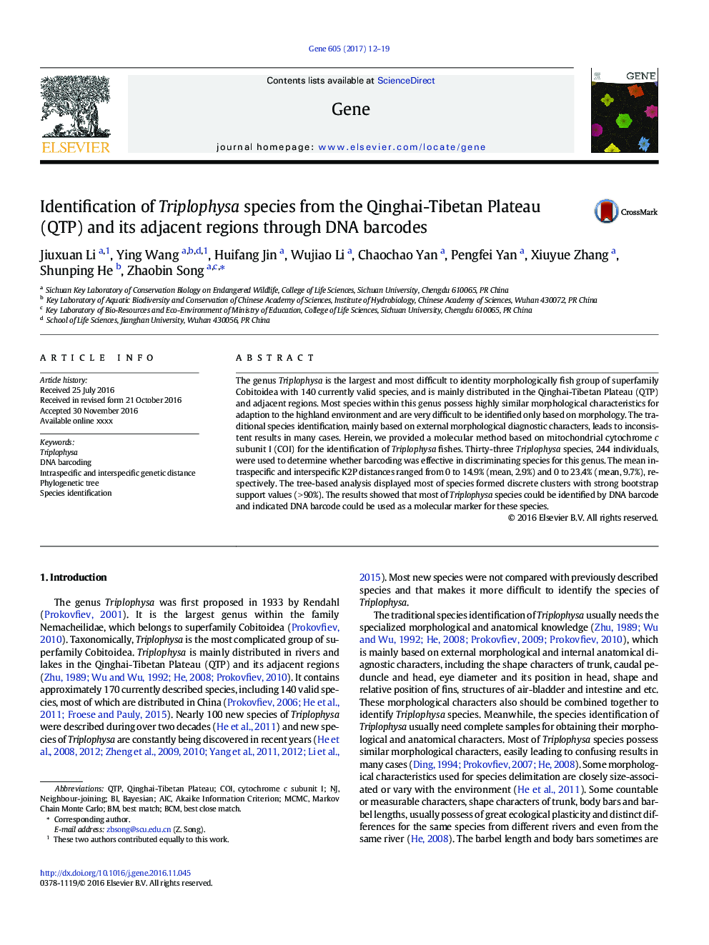 Identification of Triplophysa species from the Qinghai-Tibetan Plateau (QTP) and its adjacent regions through DNA barcodes