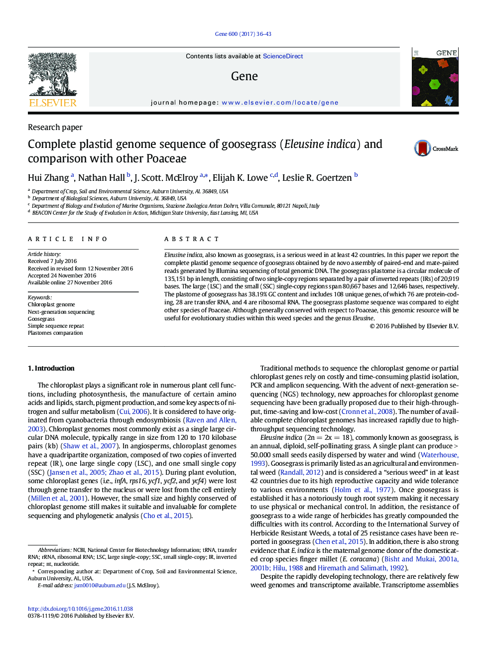 Complete plastid genome sequence of goosegrass (Eleusine indica) and comparison with other Poaceae