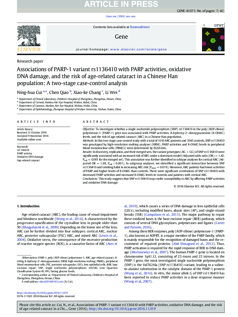 Associations of PARP-1 variant rs1136410 with PARP activities, oxidative DNA damage, and the risk of age-related cataract in a Chinese Han population: A two-stage case-control analysis