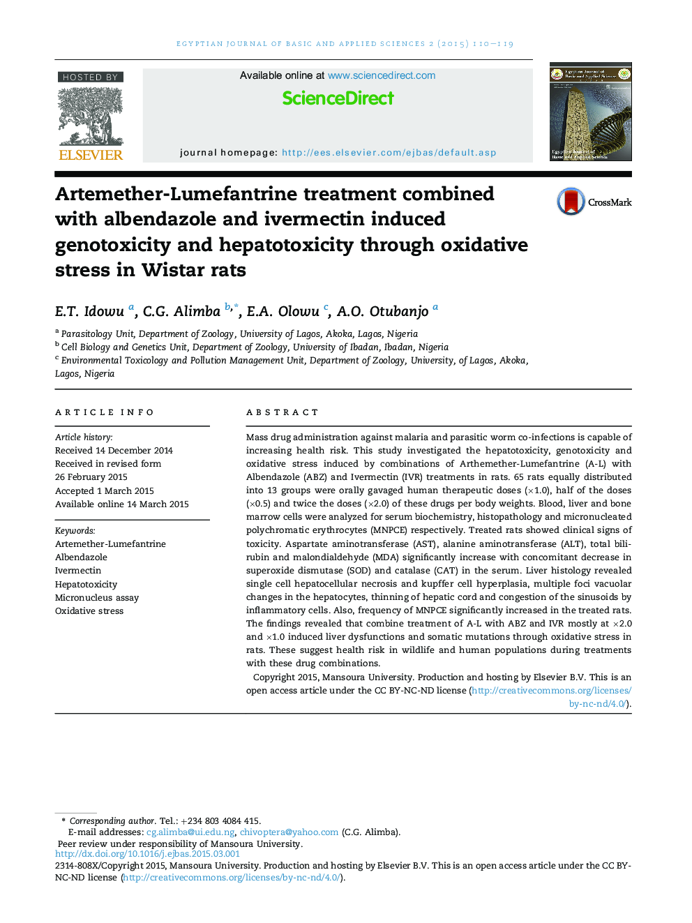 Artemether-Lumefantrine treatment combined with albendazole and ivermectin induced genotoxicity and hepatotoxicity through oxidative stress in Wistar rats 