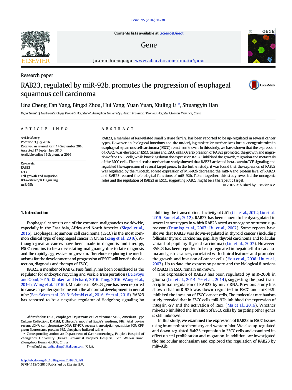 RAB23, regulated by miR-92b, promotes the progression of esophageal squamous cell carcinoma