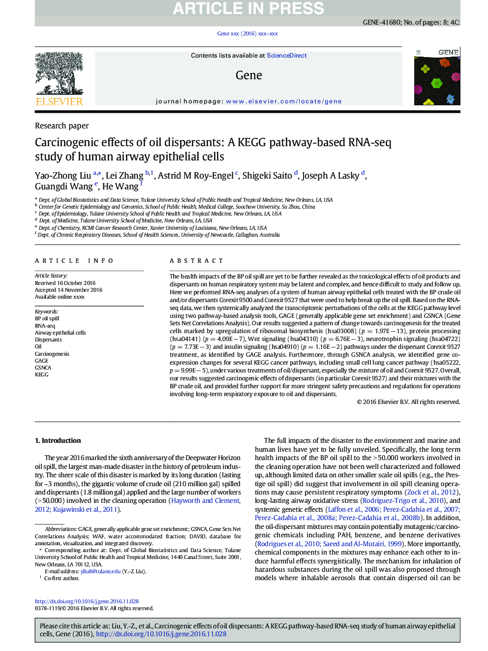 Carcinogenic effects of oil dispersants: A KEGG pathway-based RNA-seq study of human airway epithelial cells