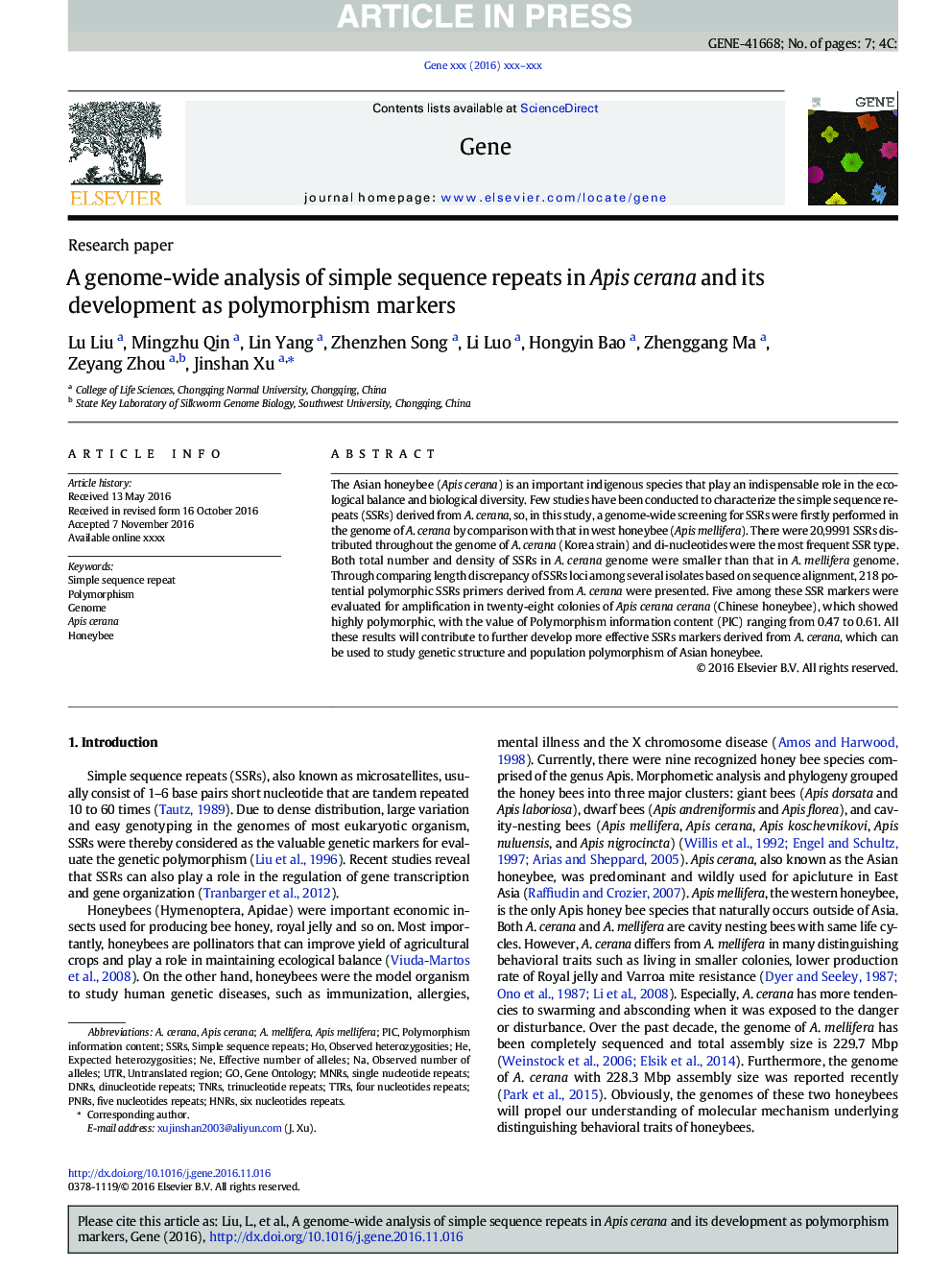 A genome-wide analysis of simple sequence repeats in Apis cerana and its development as polymorphism markers