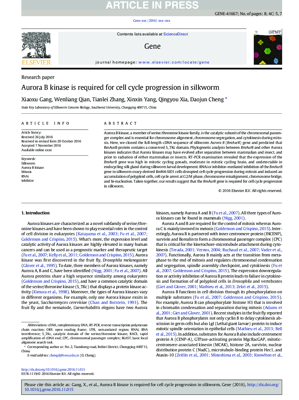 عکس صفحه اول مقاله: Aurora B kinase is required for cell cycle progression in silkworm Aurora B kinase is required for cell cycle progression in silkworm