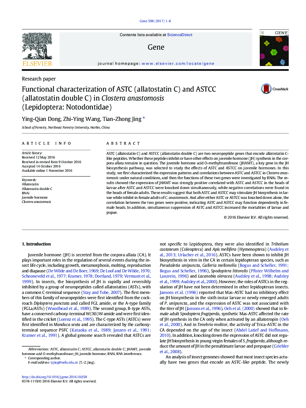 Functional characterization of ASTC (allatostatin C) and ASTCC (allatostatin double C) in Clostera anastomosis (Lepidoptera: Notodontidae)