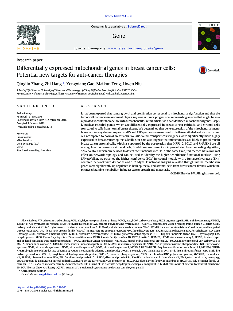 Differentially expressed mitochondrial genes in breast cancer cells: Potential new targets for anti-cancer therapies