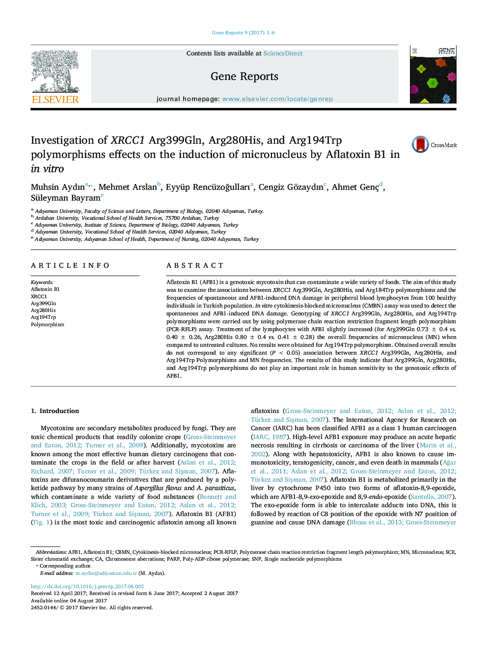 Investigation of XRCC1 Arg399Gln, Arg280His, and Arg194Trp polymorphisms effects on the induction of micronucleus by Aflatoxin B1 in in vitro