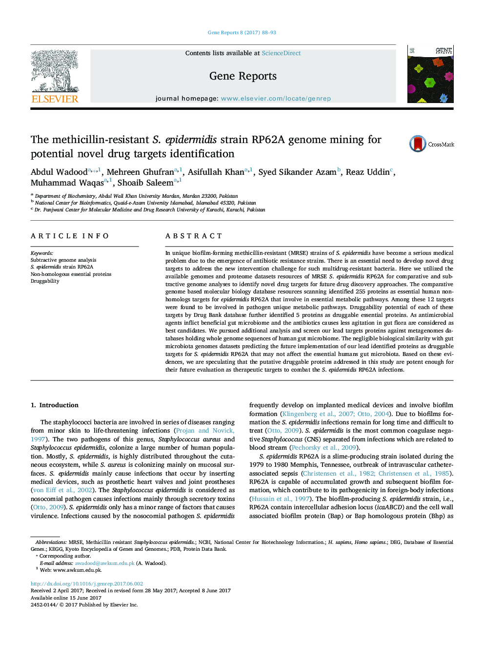 The methicillin-resistant S. epidermidis strain RP62A genome mining for potential novel drug targets identification