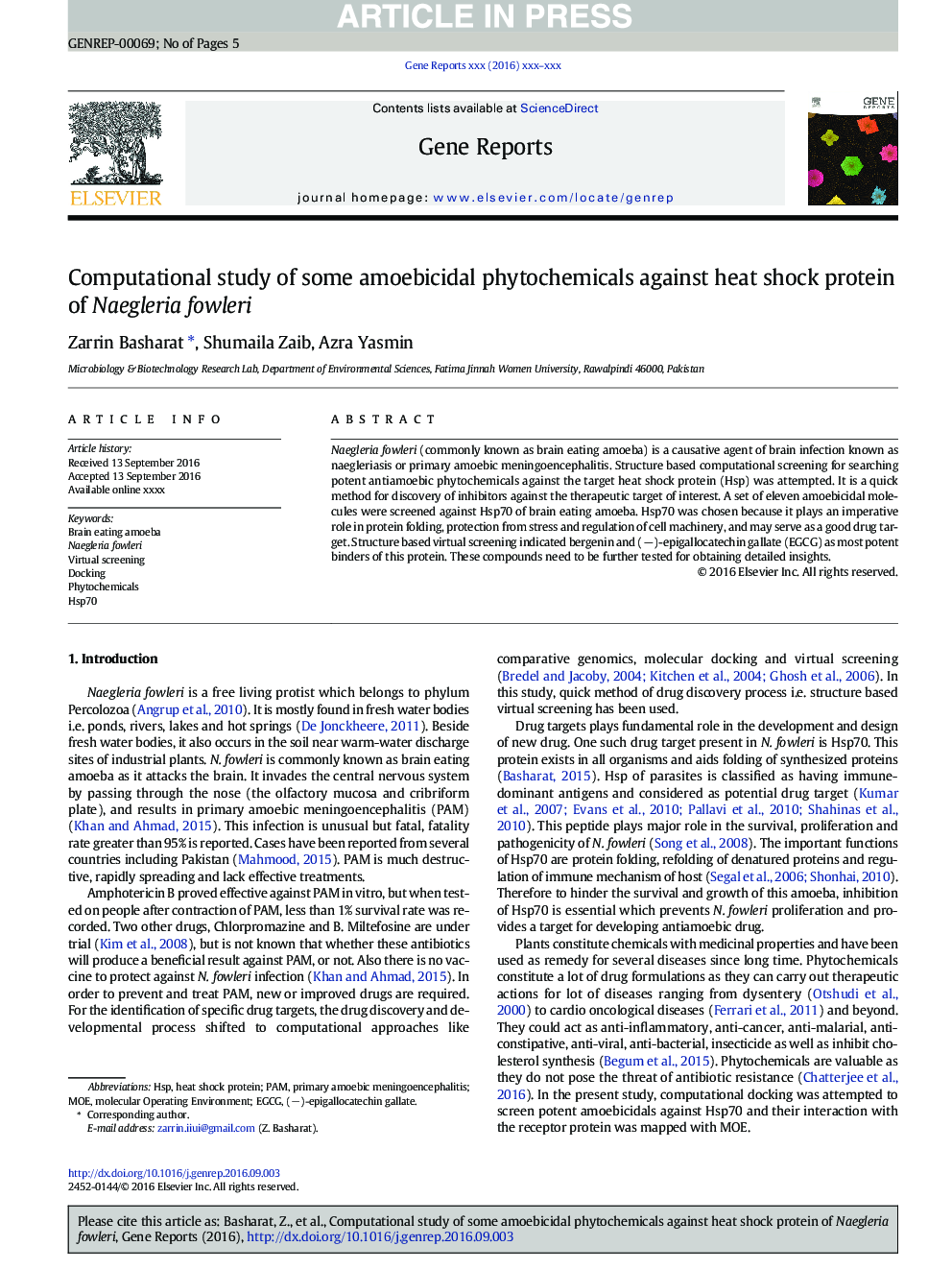 Computational study of some amoebicidal phytochemicals against heat shock protein of Naegleria fowleri