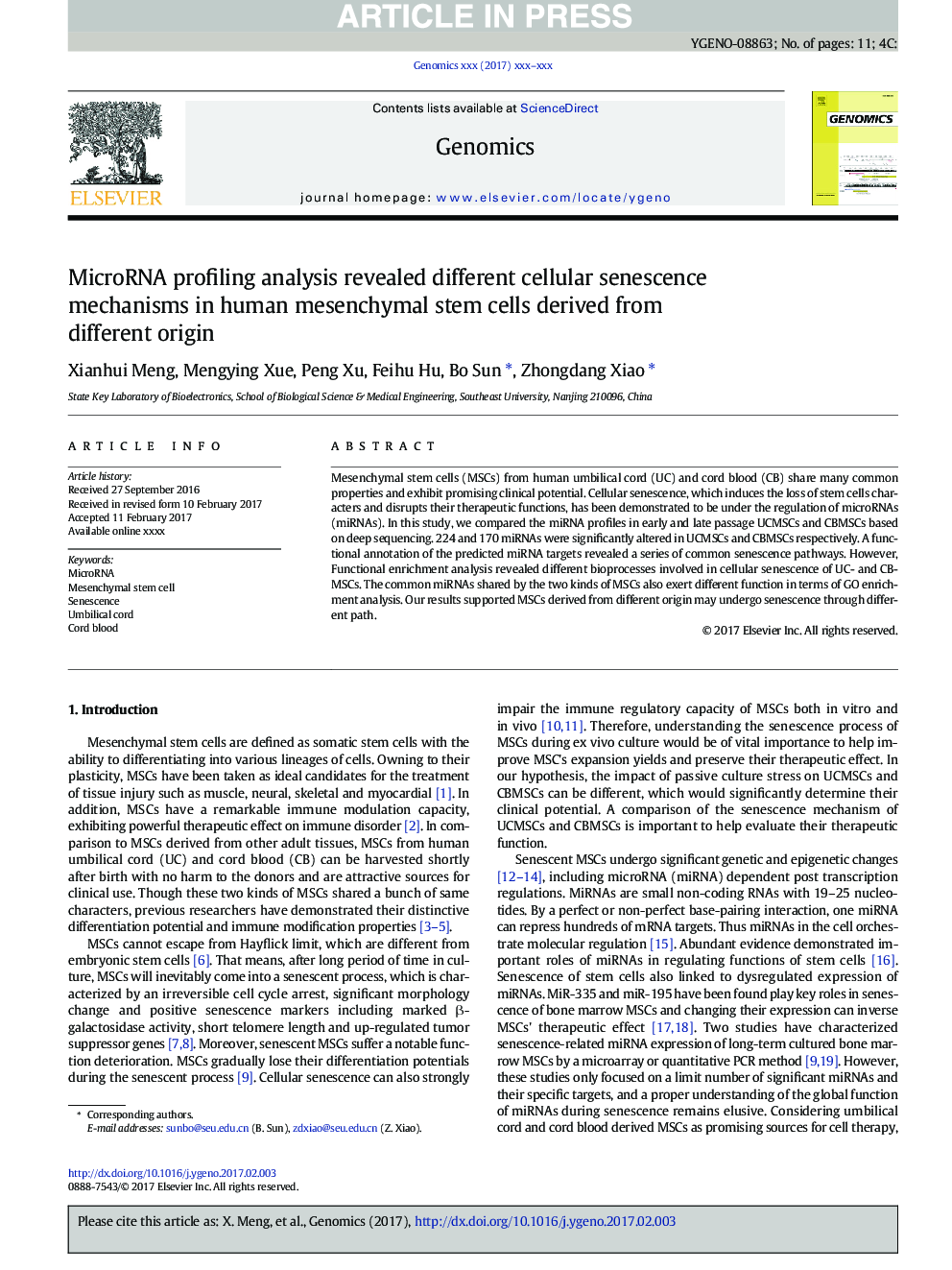 MicroRNA profiling analysis revealed different cellular senescence mechanisms in human mesenchymal stem cells derived from different origin