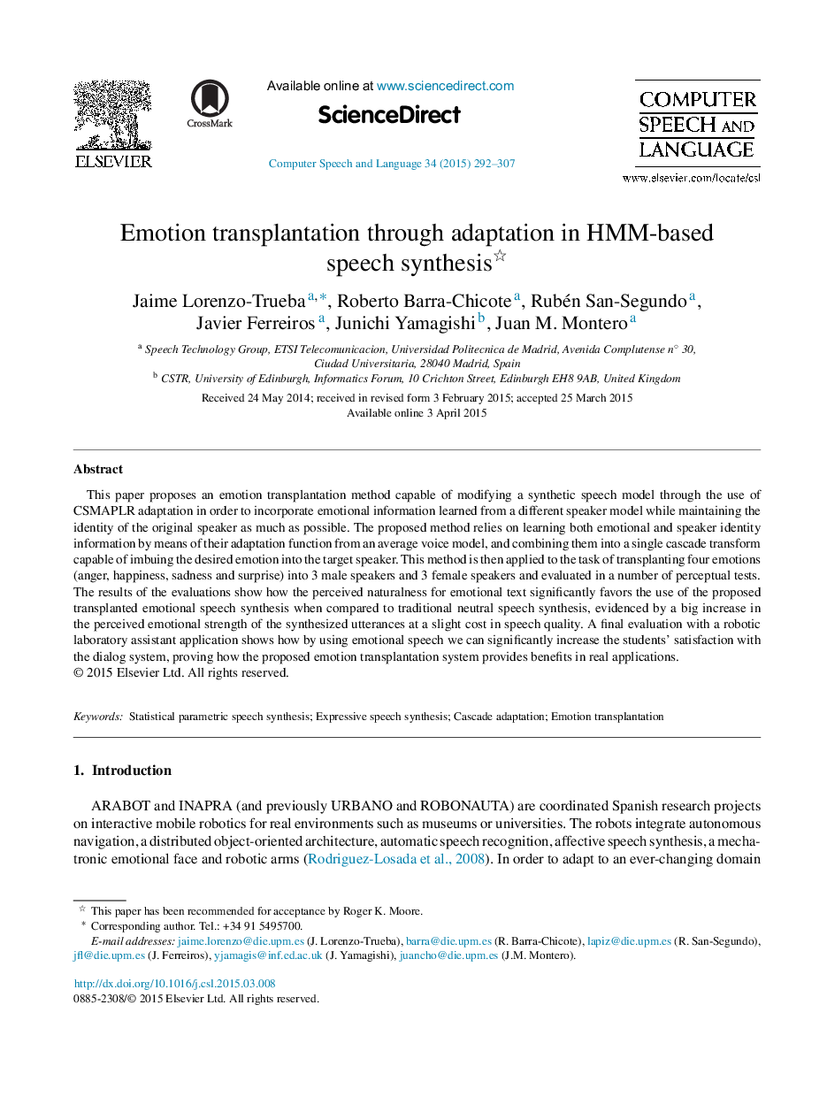 Emotion transplantation through adaptation in HMM-based speech synthesis 