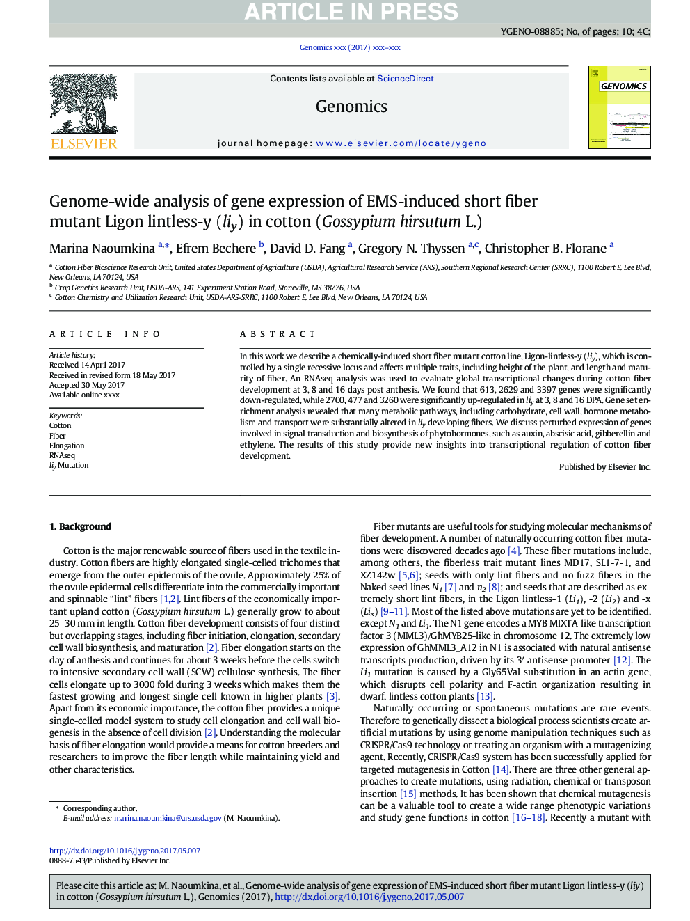 Genome-wide analysis of gene expression of EMS-induced short fiber mutant Ligon lintless-y (liy) in cotton (Gossypium hirsutum L.)