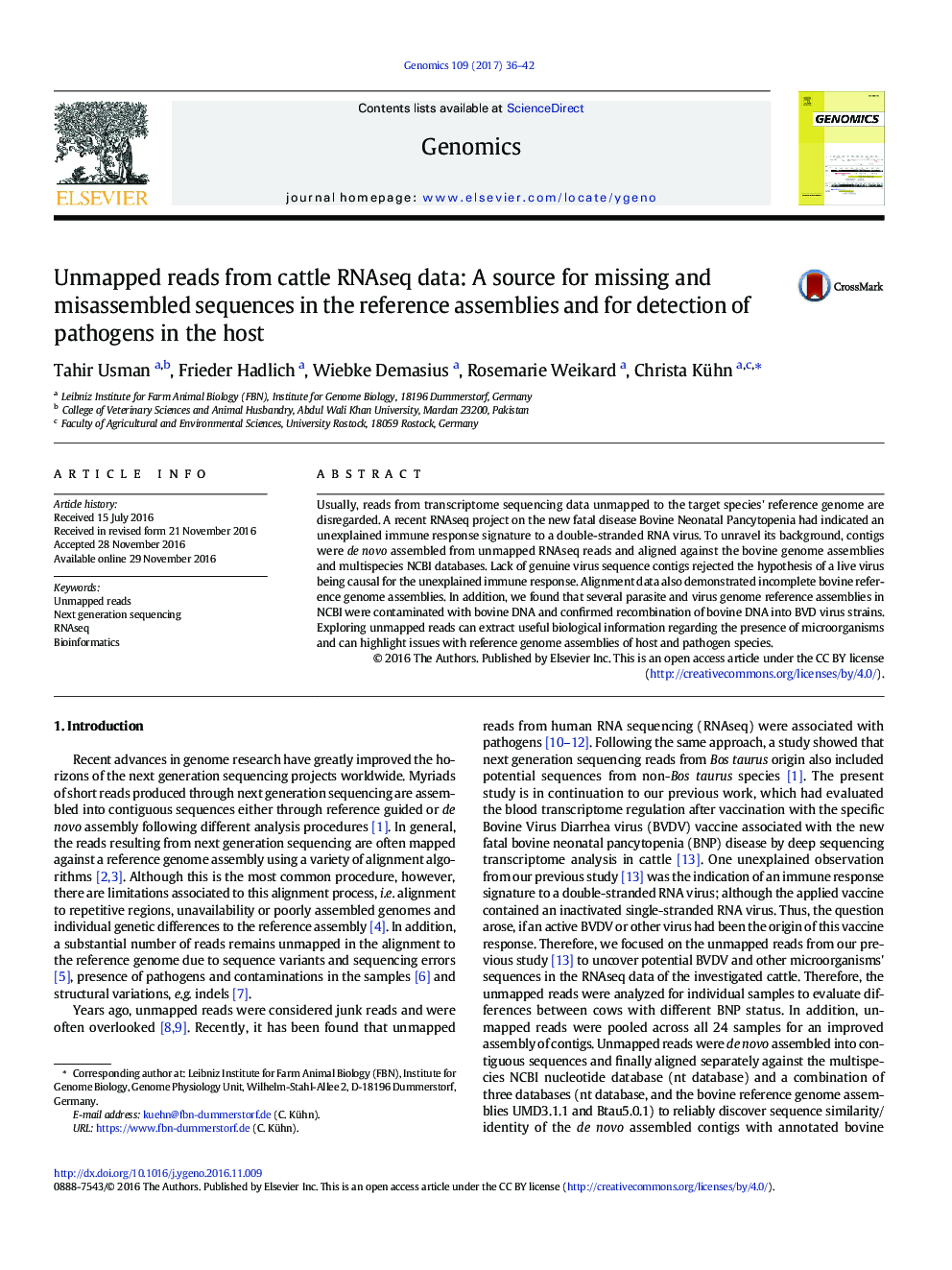 Unmapped reads from cattle RNAseq data: A source for missing and misassembled sequences in the reference assemblies and for detection of pathogens in the host