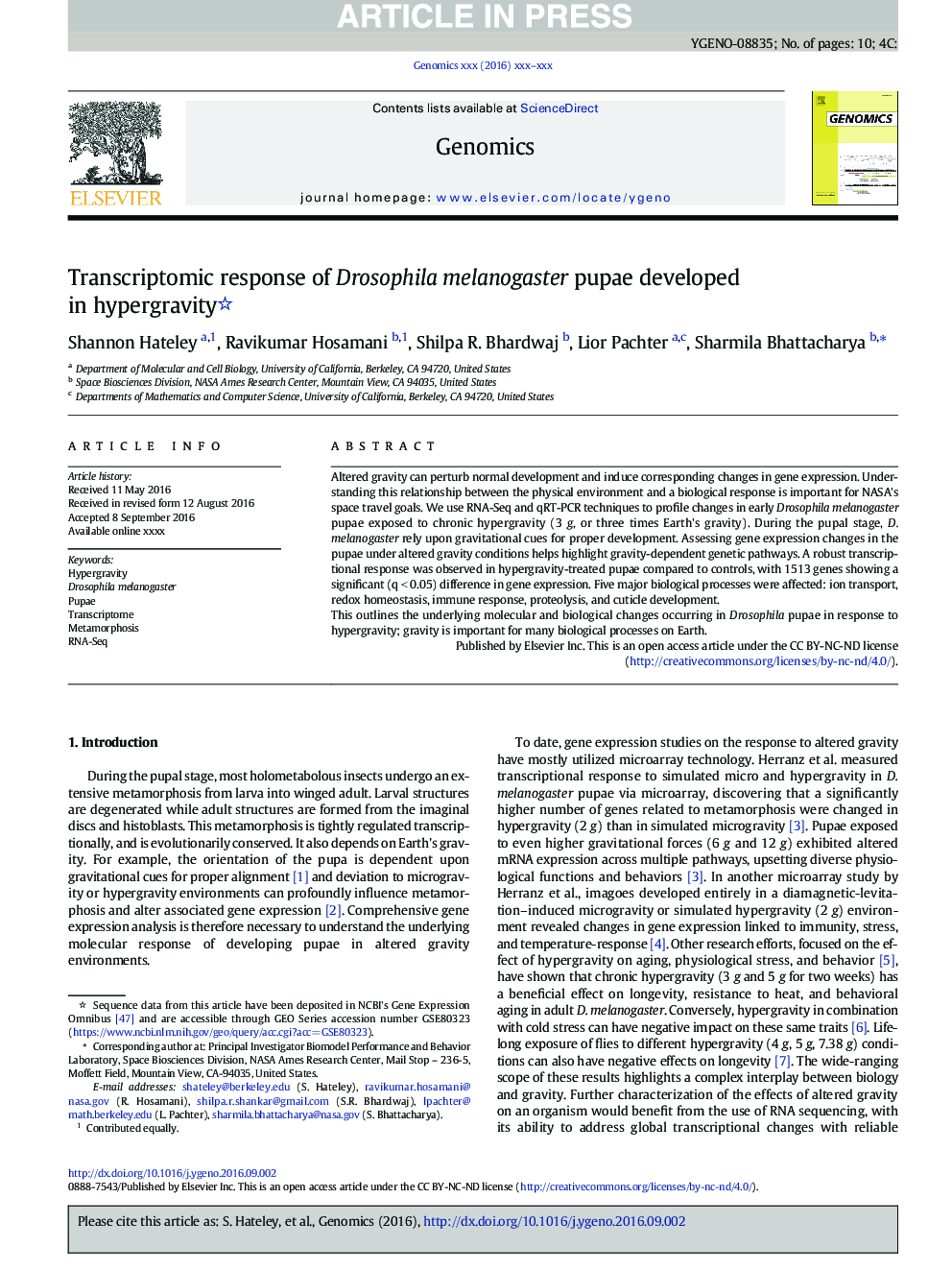 Transcriptomic response of Drosophila melanogaster pupae developed in hypergravity