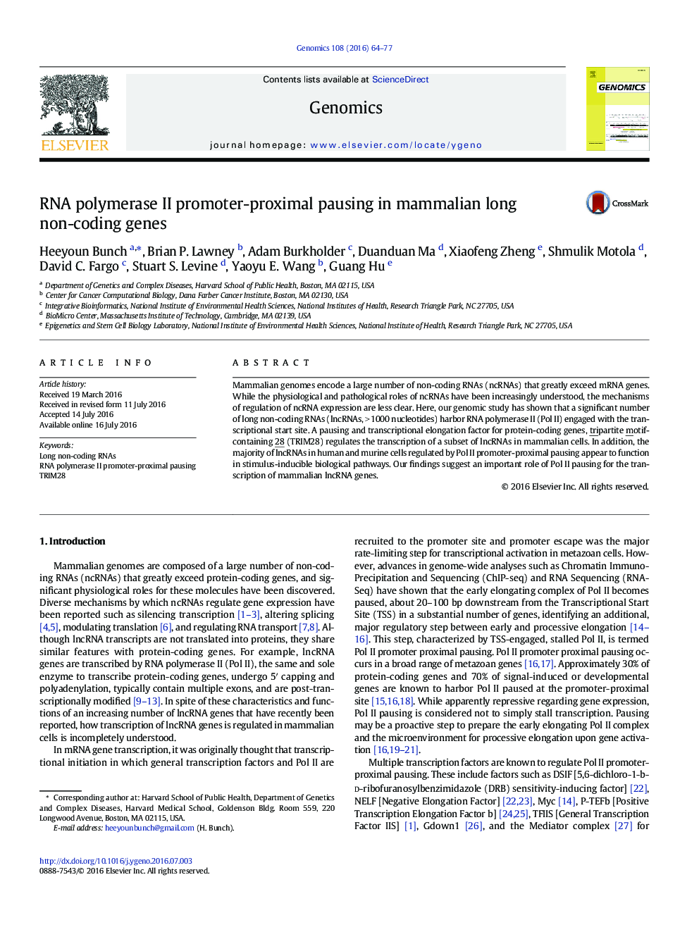 RNA polymerase II promoter-proximal pausing in mammalian long non-coding genes