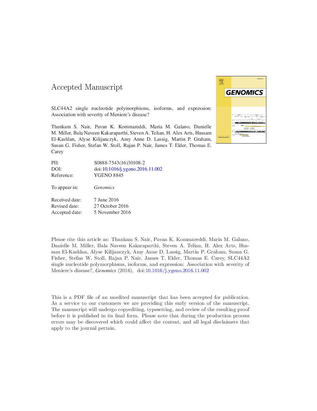 SLC44A2 single nucleotide polymorphisms, isoforms, and expression: Association with severity of Meniere's disease?