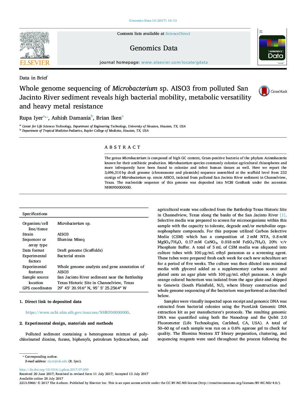 Whole genome sequencing of Microbacterium sp. AISO3 from polluted San Jacinto River sediment reveals high bacterial mobility, metabolic versatility and heavy metal resistance