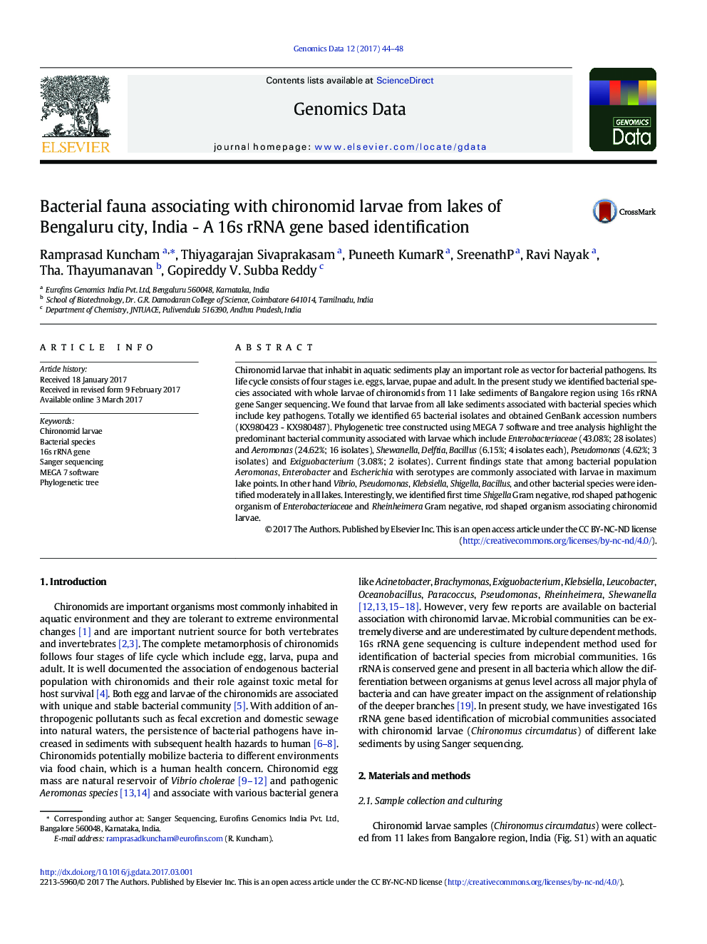 Bacterial fauna associating with chironomid larvae from lakes of Bengaluru city, India - A 16s rRNA gene based identification