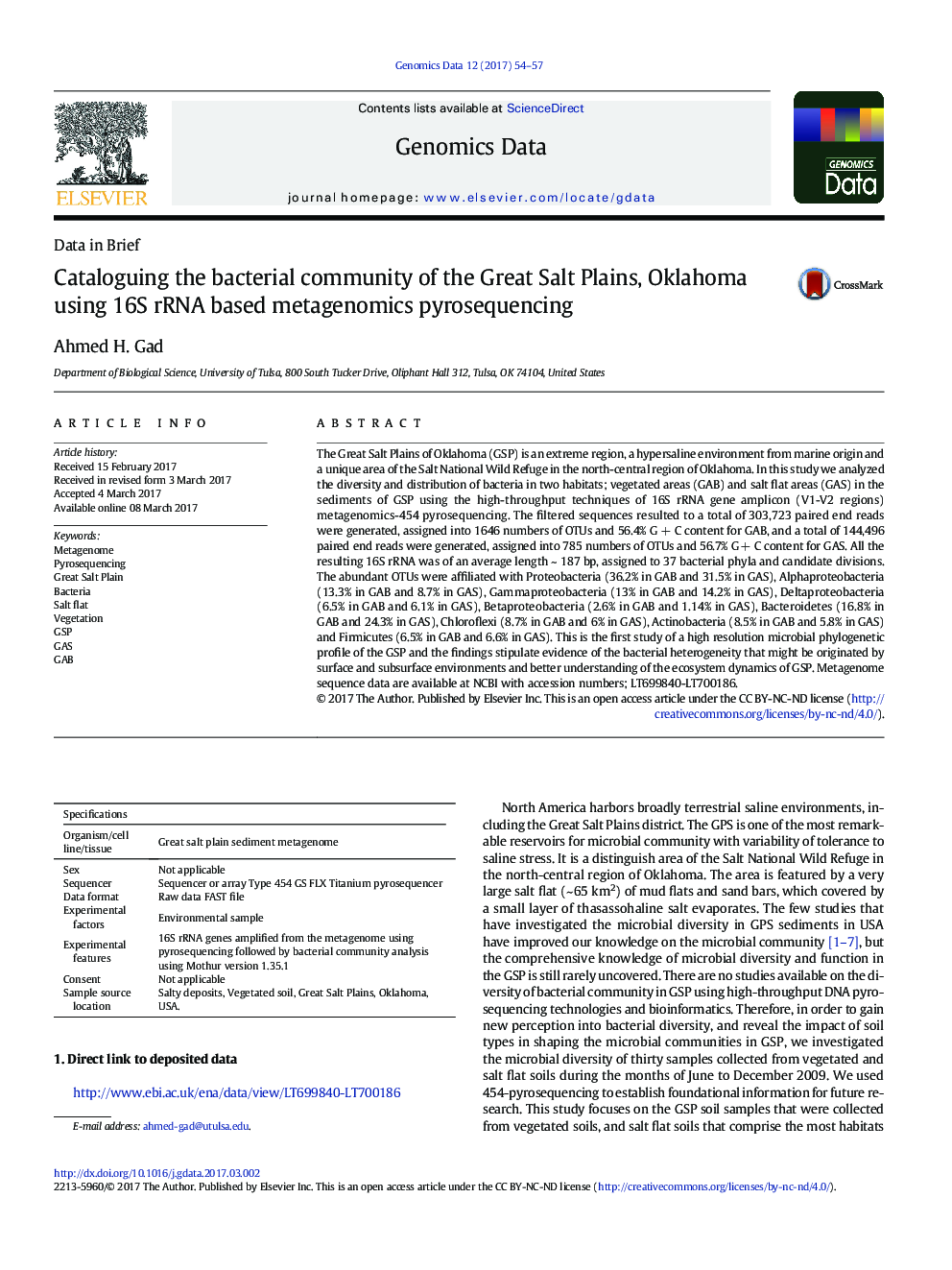 Cataloguing the bacterial community of the Great Salt Plains, Oklahoma using 16S rRNA based metagenomics pyrosequencing