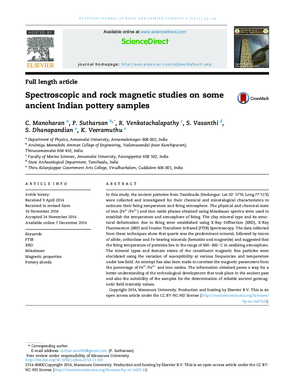 Spectroscopic and rock magnetic studies on some ancient Indian pottery samples 