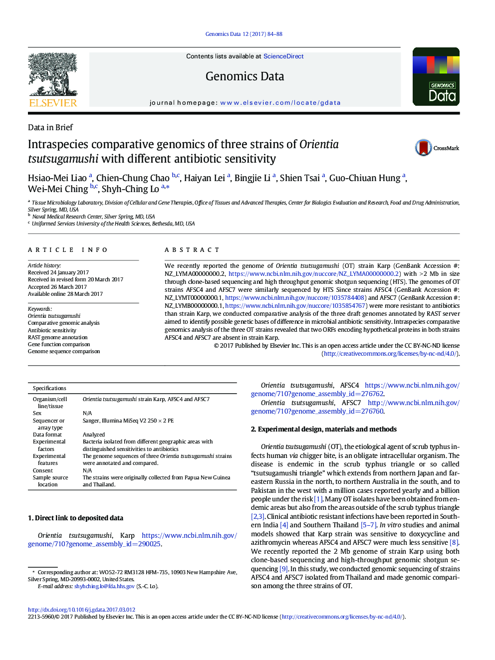 Intraspecies comparative genomics of three strains of Orientia tsutsugamushi with different antibiotic sensitivity